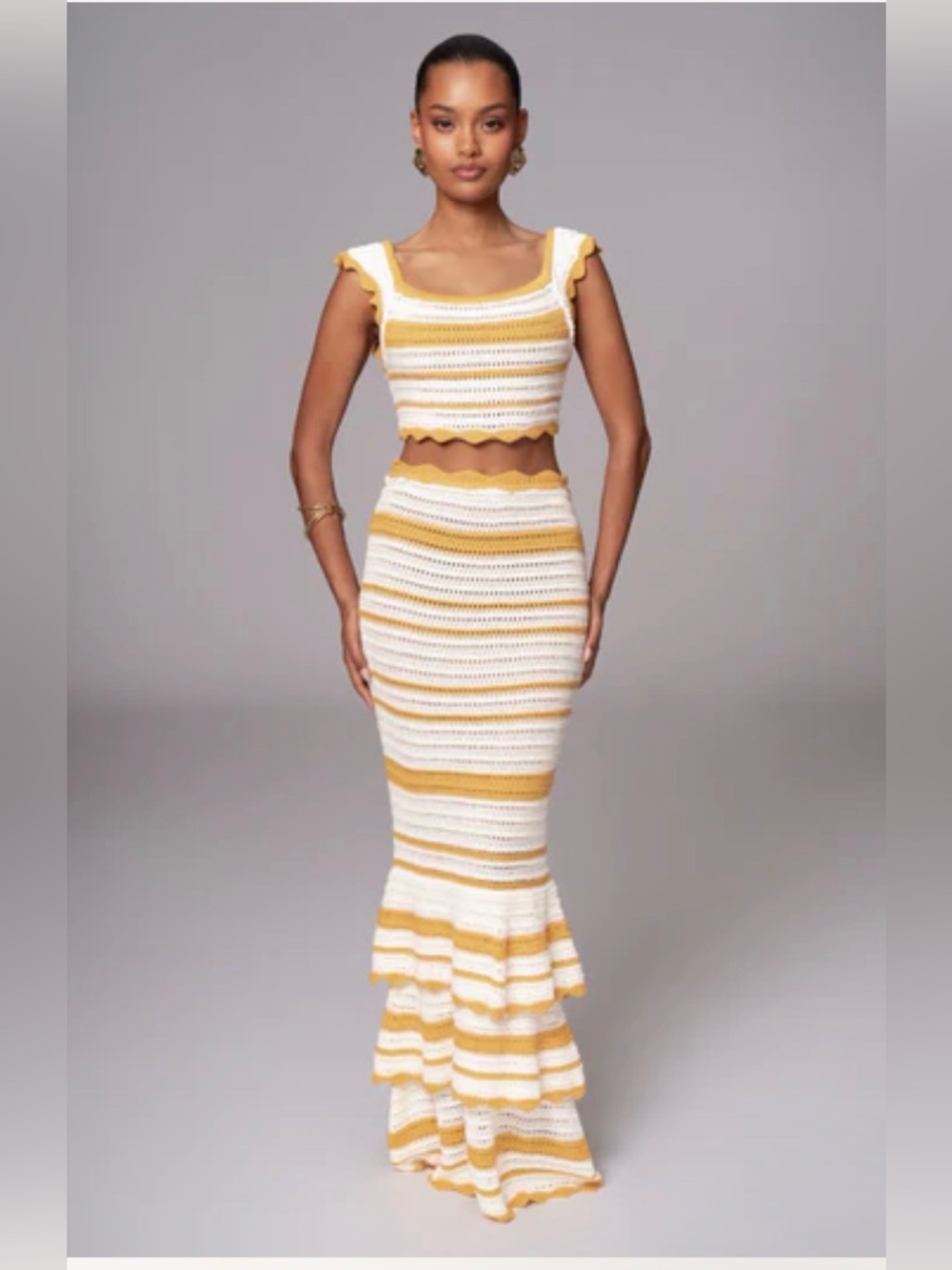 JLUXLABEL White & Yellow Crochet top and Trim Midi Skirt